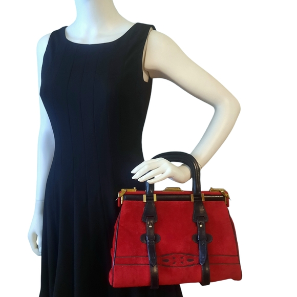 CESARE PICCINI Vintage Velvet Satchel w/ Leather Trim Red/Blk Gold HW - Picture 2 of 13